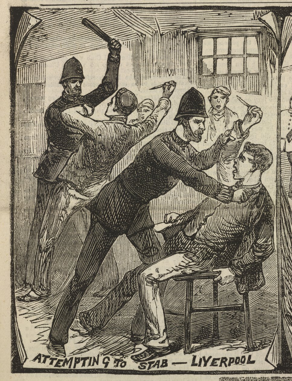 Pokus o bodnutí – Liverpool, z „Illustrated Police News“, 27. září 1884 (rytina) od English School