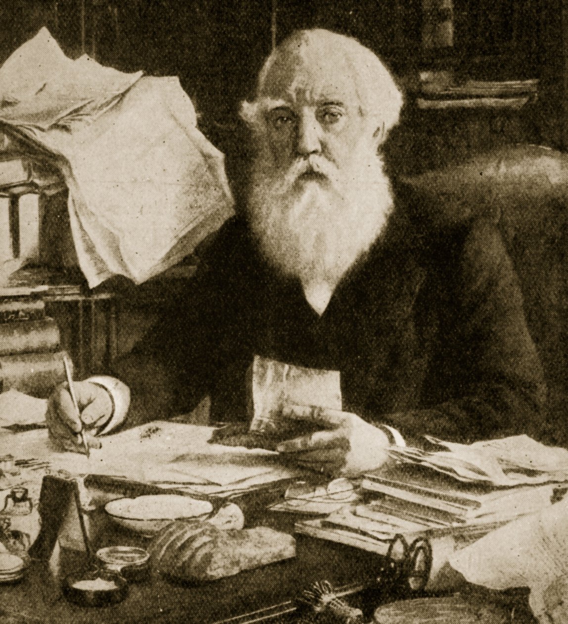 Austen Henry Layard sedí u svého stolu od English School