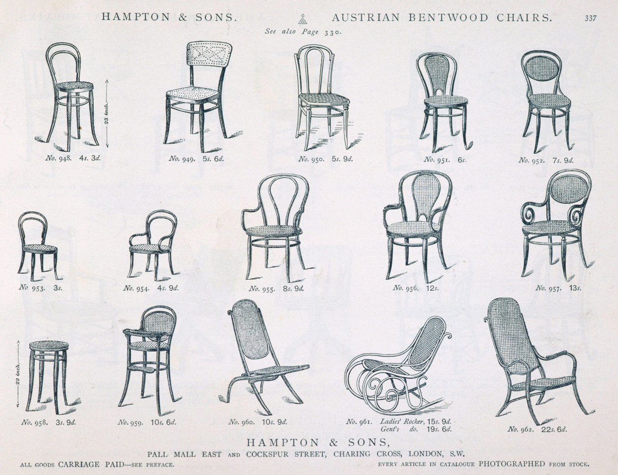 Rakouské ohýbané židle z Hampton and Sons Katalog nábytku, 1902, černobílá rytina od English School