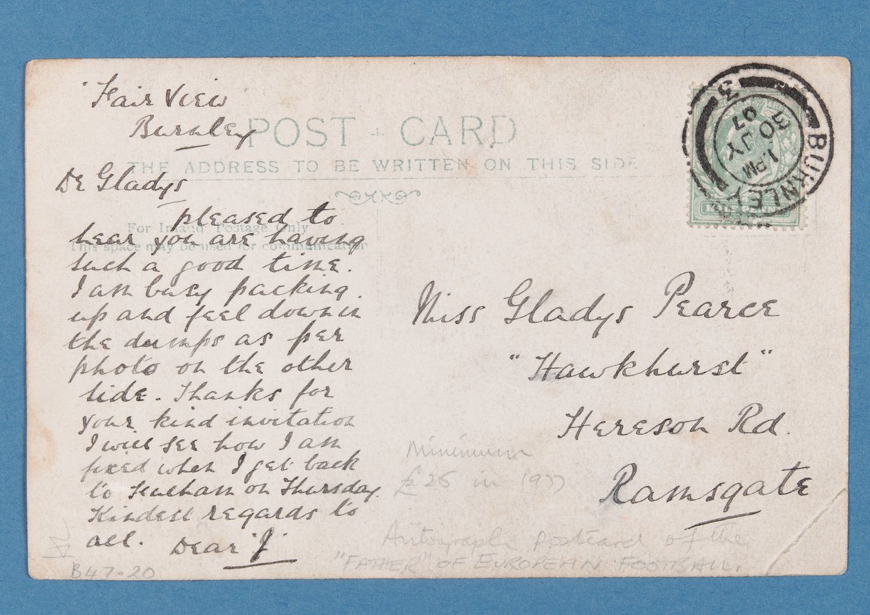 Zadní strana pohlednice Jima Hogana, 1907 (pár 315183) od English School