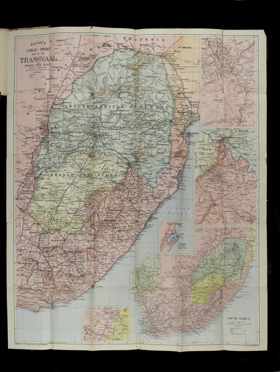 Baconova velká mapa Transvaal Orange Free State a Natal s rozšířením na jih do Port Elizabeth, Jižní Afrika od English School