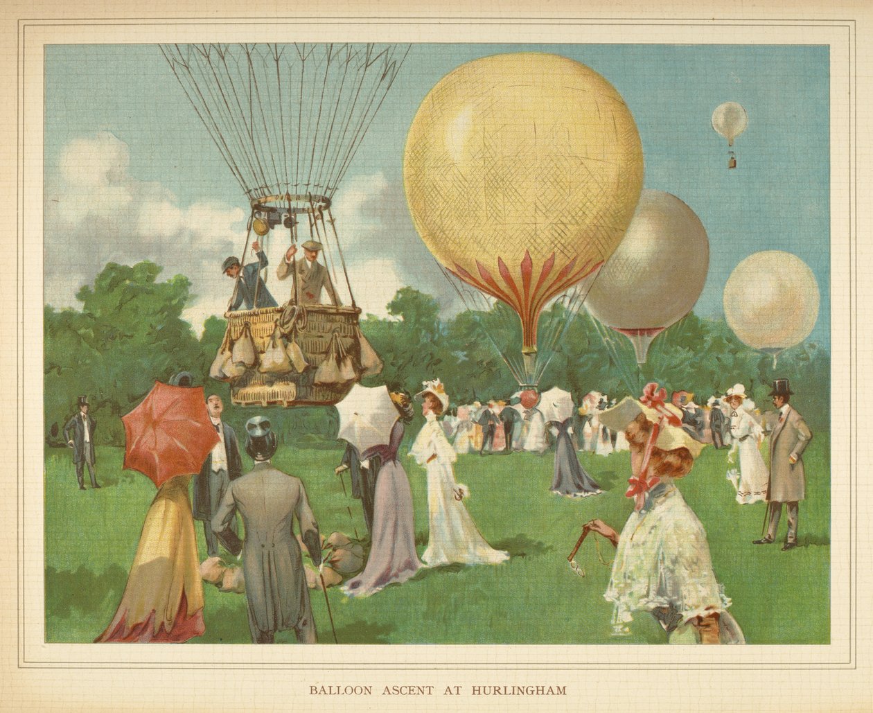 "Výstup balónem v Hurlinghamu." Kniha malých lidí vzducholodí. Londýn: Ernest Nister, [1912] od English School