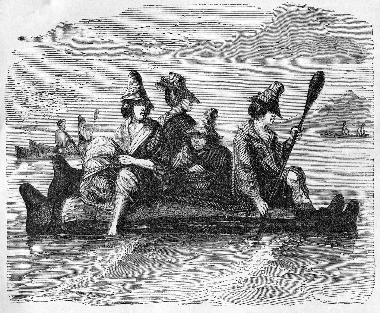 Balsas neboli člun z kůže, který používali domorodci na americkém pobřeží, ilustrace z „Ilustrované historie Anglie Johna Cassella“, 1857 od English School