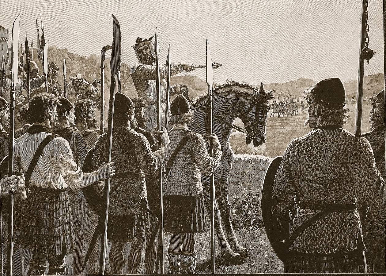 Bannockburn: Bruce si prohlíží své vojáky před bitvou, ilustrace z Cassells Illustrated History of England (sépiová fotografie) od English School