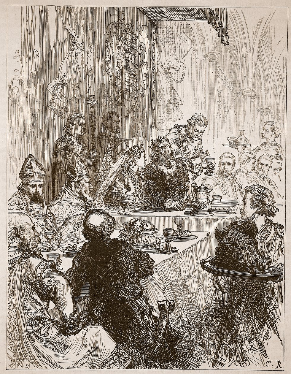 Hostina na svatbě Jindřicha a Eleonory Provensálské, ilustrace z Cassells Illustrated History of England (sépiová fotografie) od English School