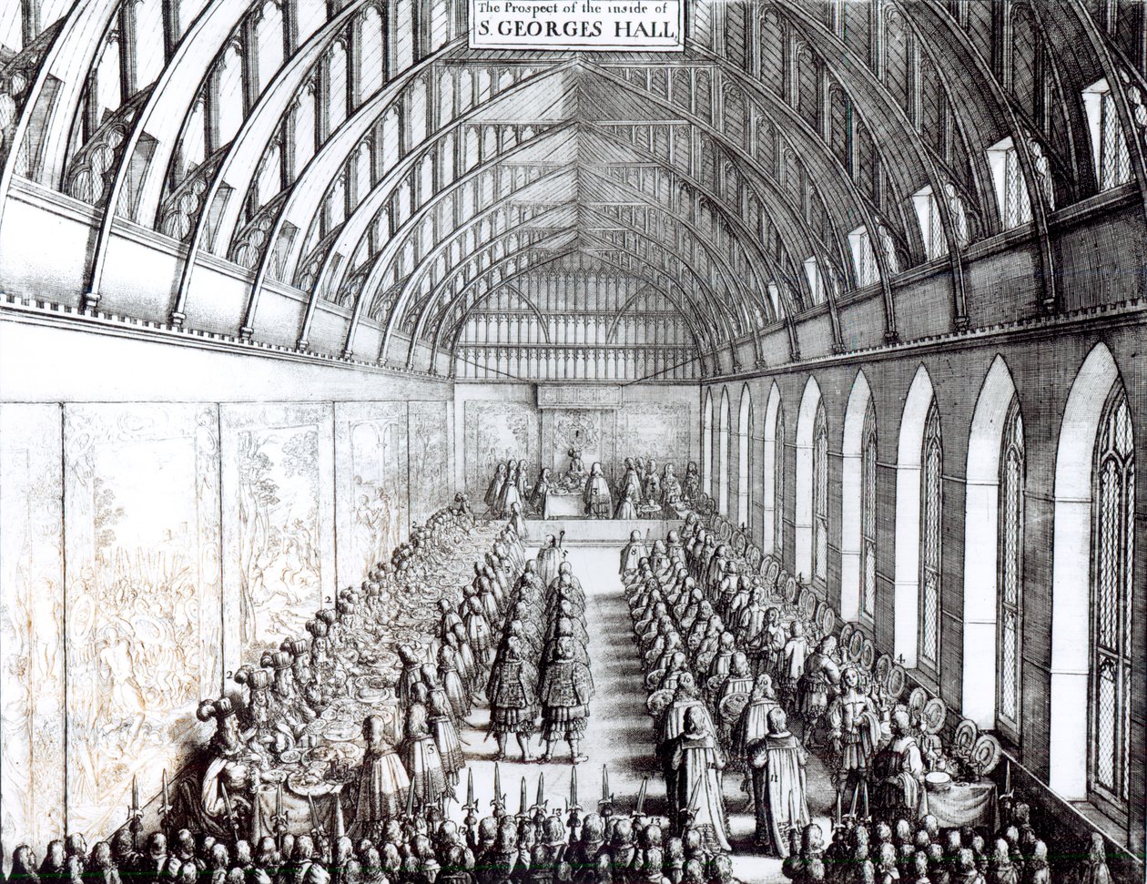 Banket Karla II. (1630-85) v sále svatého Jiří, hrad Windsor od English School