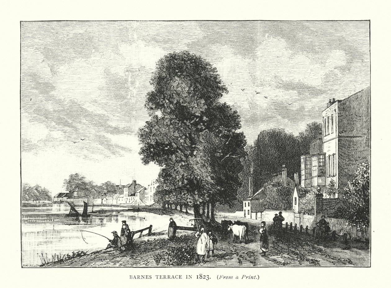 Barnes Terrace v roce 1823 (rytina) od English School