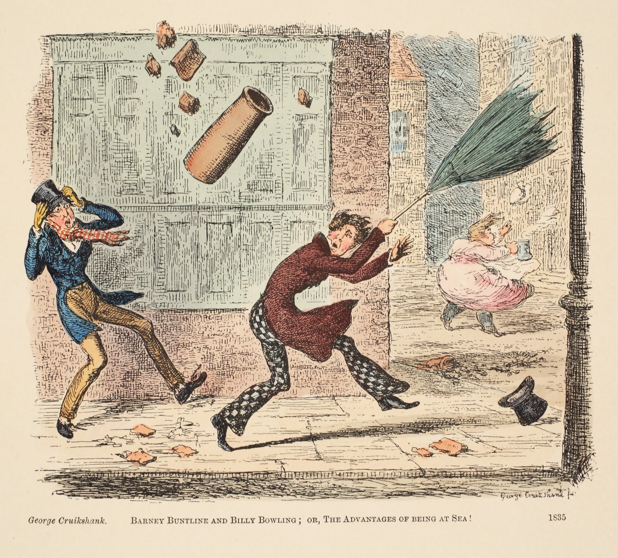 Barney Buntline a Billy Bowling; aneb The Advantages of Being at Sea, pub. 1835 (ručně kolorovaná rytina) od English School