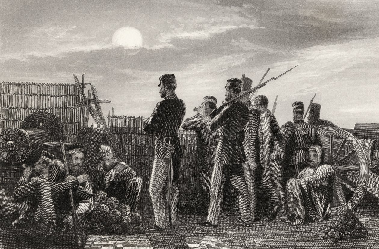 Baterie v Lucknow, obránci na pozoru, z „Historie indické vzpoury“ od English School