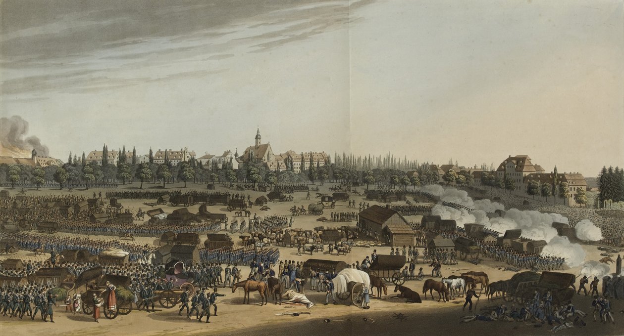 Bitva u Lipska, 16.-19. října 1813, od Ilustrovaný záznam důležitých událostí v Annals of Europe v letech 1812, 1813, 1814 & 1815, 1815 (barevná akvatinta) od English School