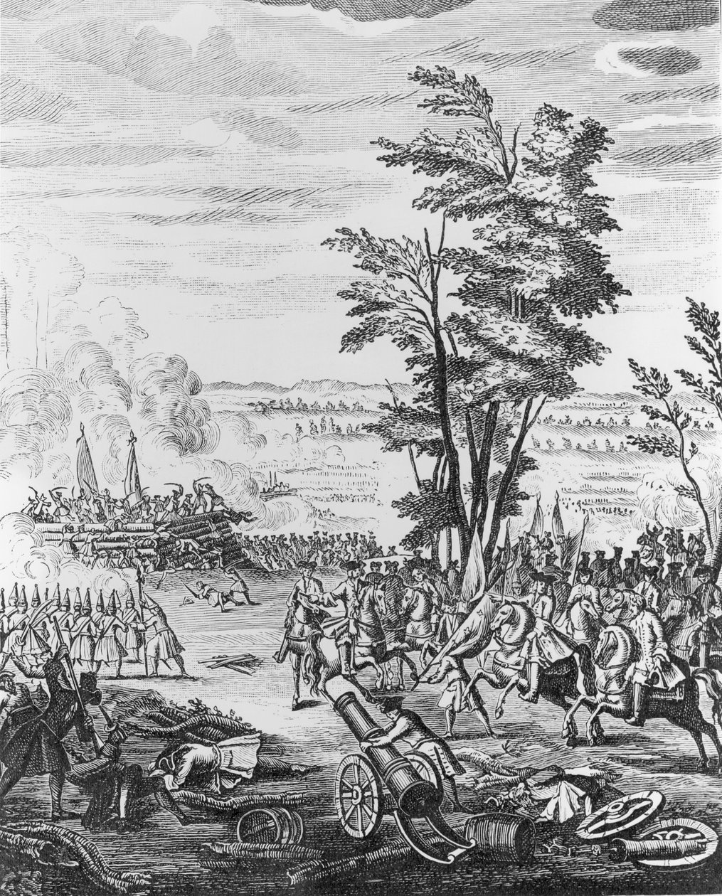 Bitva u Malplaquet, 11. září 1709, z „Historie královny Anny“, 1740 od English School