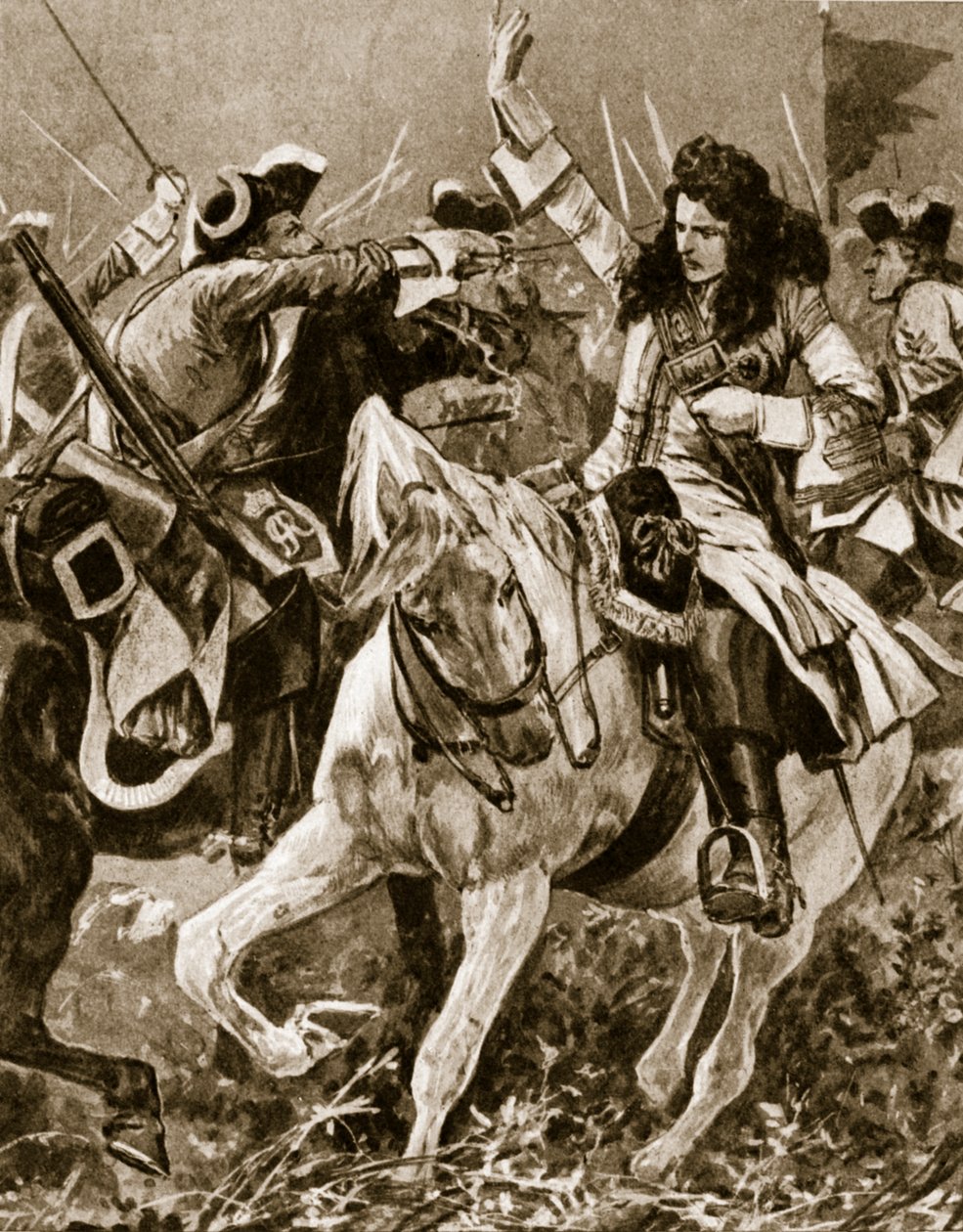 Bitva u Malplaquetu, 11. září 1709: Chevalier St. George zraněn během války o španělské dědictví; od English School