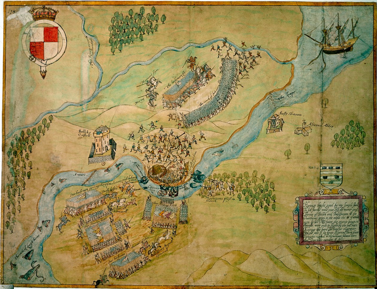 Bitva o Erne Ford v roce 1593 (pero a inkoust s mytím na papíře) od English School