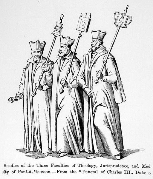 Beadles ze tří teologických, právnických a lékařských fakult, z Pohřeb Karla III. (1543-1608) vévody z Lorraine, ilustrace z Vědy a literatury ve středověku a v roce od English School