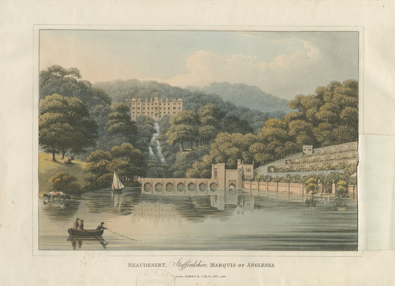Beaudesert Hall and Park: barevná rytina akvatinty, 1816 od English School