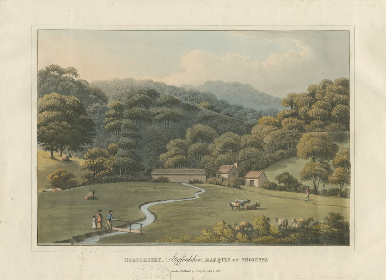 Beaudesert Park: barevná rytina akvatinty, 1816 od English School