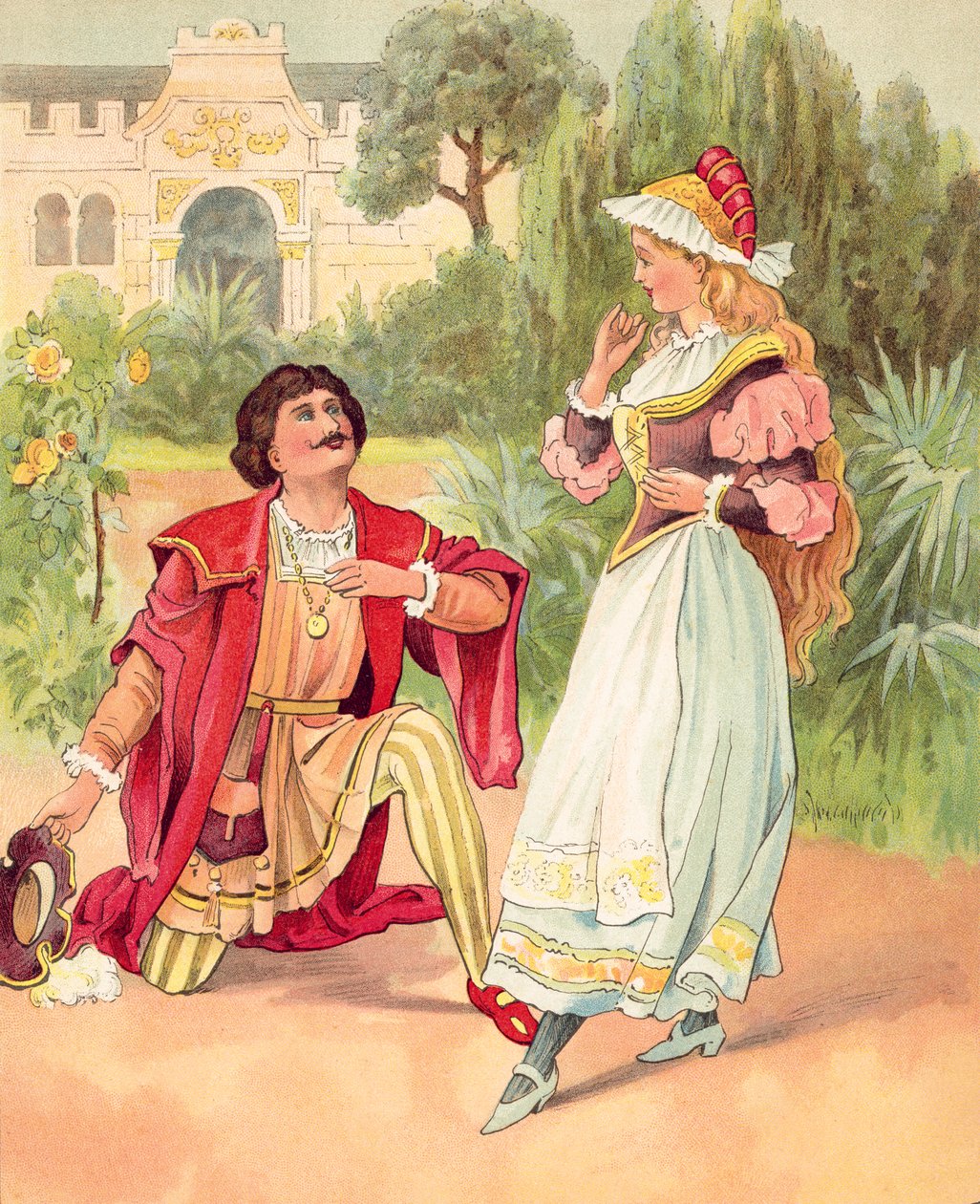 Kráska a zvíře, zde proměněná v krásného prince (barevná litografie) od English School