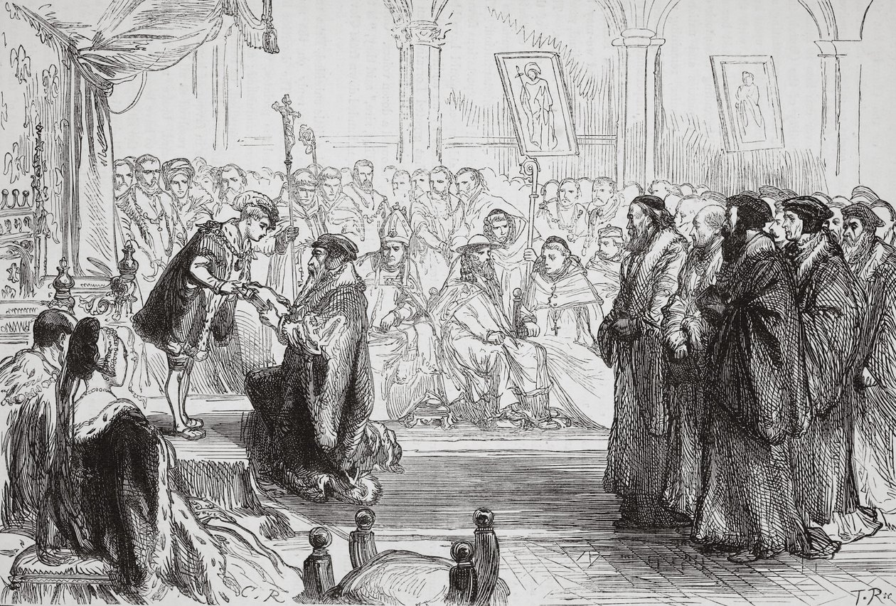 Beza představuje Vyznání francouzské protestantské církve králi na kolokviu v Poissy, ilustrace z Historie protestantismu od Jamese Aitkena Wylie (1808-1890), hospoda. 1878 (angl od English School