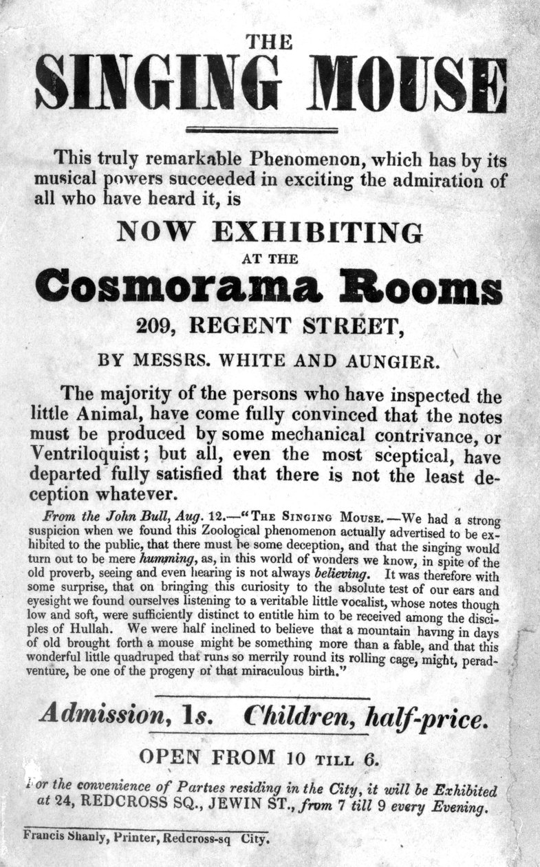 Bill Poster k výstavě Zpívající myš v Cosmorama Rooms, 209 Regent Street, c. 1836 od English School