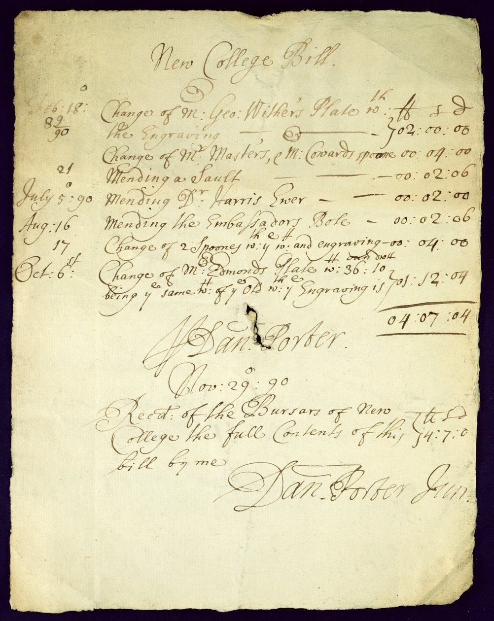 Bill od Daniela Portera na New College, 1690 od English School
