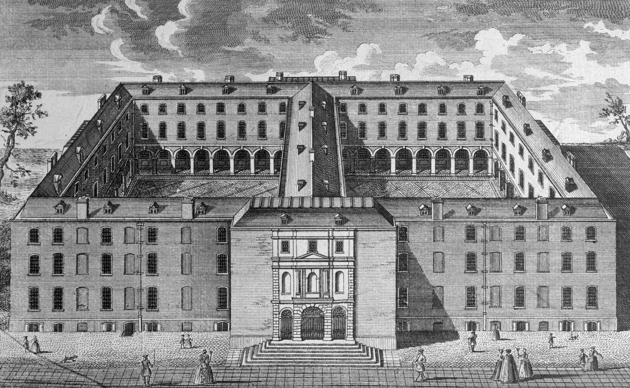 Pohled z ptačí perspektivy na nemocnici Guys Hospital v Southwarku s postavami v popředí, asi 1780 od English School