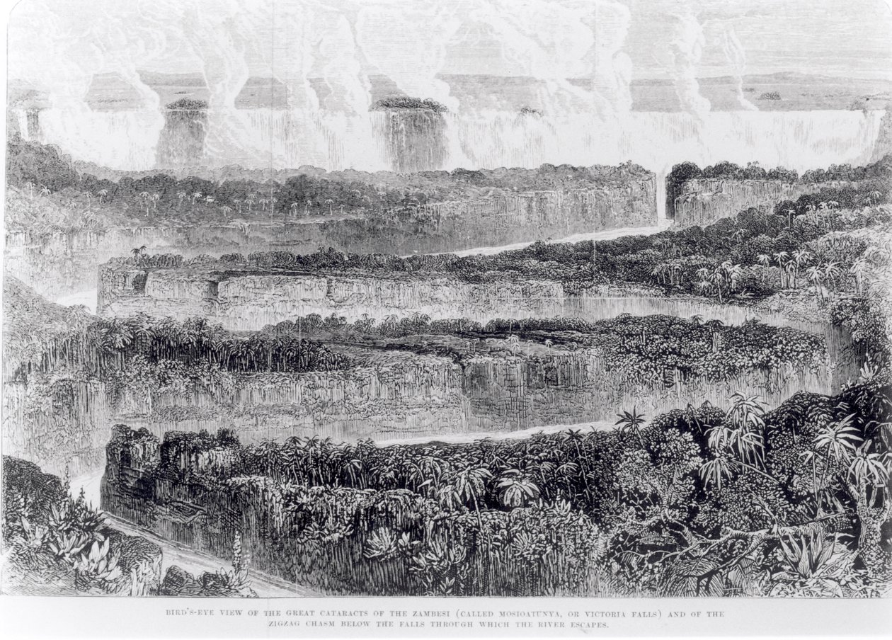 Pohled z ptačí perspektivy na velký katarakt v Zambesi (Victoria Falls) z vyprávění o výstavě k Zambesi a jeho přítokům, vydáno 1865 od English School