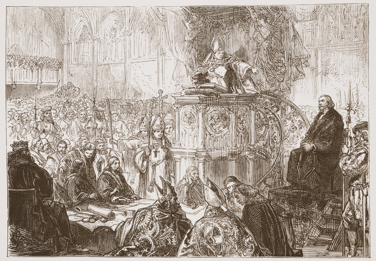 Biskup z Lodi kázání při procesu s Husem, ilustrace z Historie protestantismu od Jamese Aitkena Wylie (1808-1890), pub. 1878 od English School