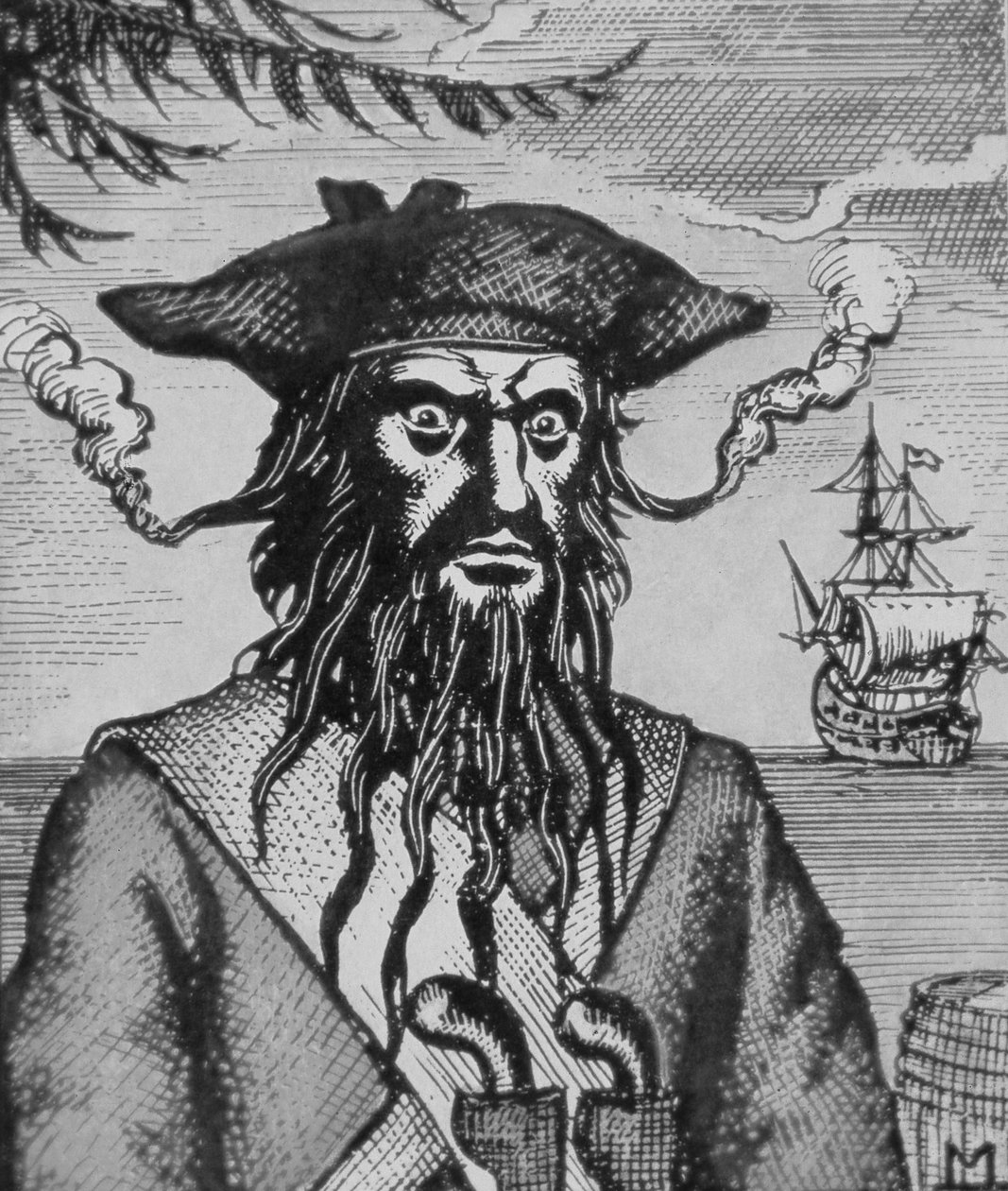 Černovous pirát (dřevořez) od English School