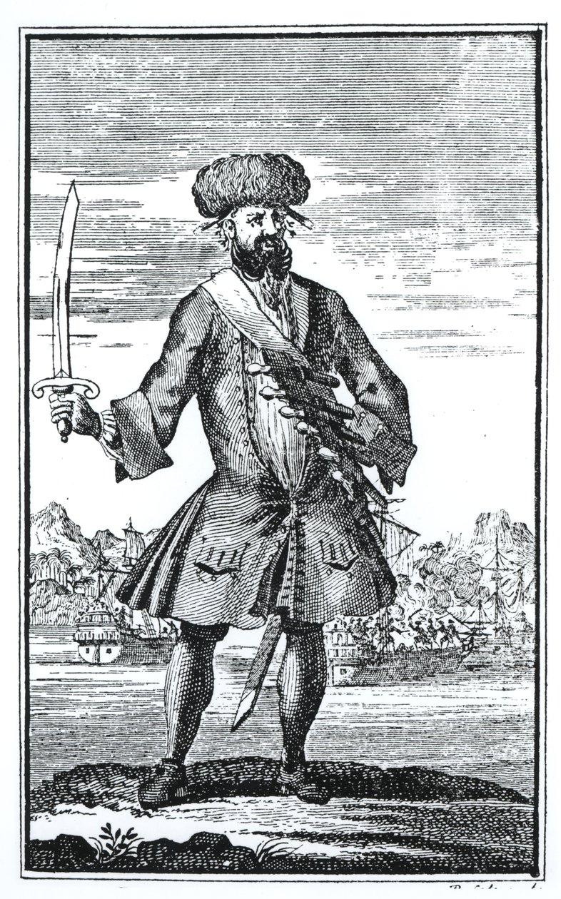 Pirát Černovous, z Obecná historie loupeží a vražd nejznámějších Pyrátů od kapitána Charlese Johnsona, vydané v roce 1724 od English School