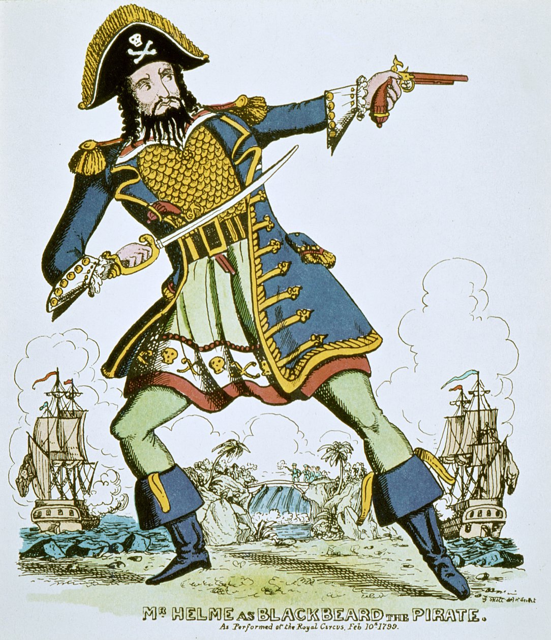 Černovous pirát (barevná rytina) od English School