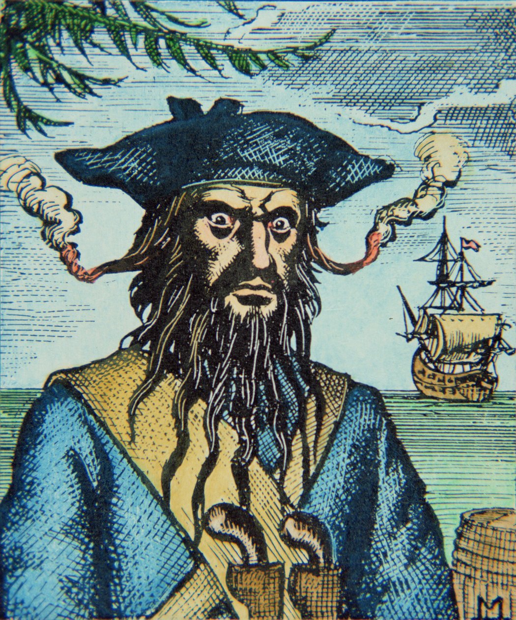Černovous pirát (barevná rytina) od English School