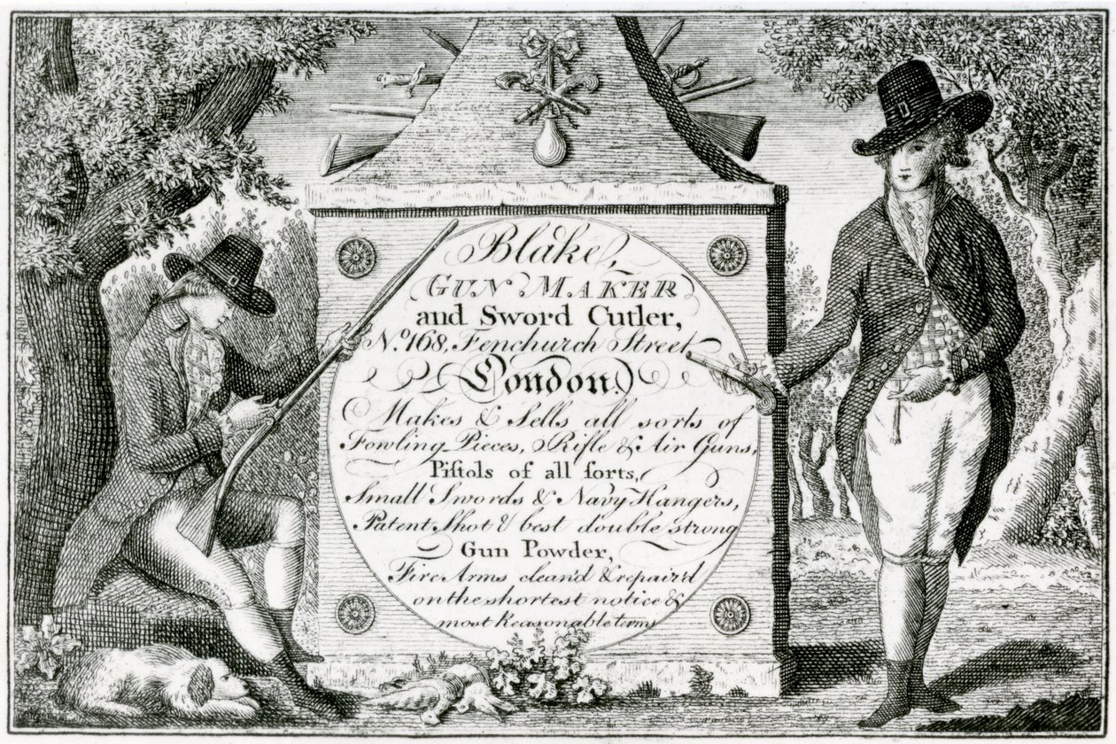 Blake, Gunmaker and Sword Cutler, štítek na pouzdru zbraně (rytina) od English School