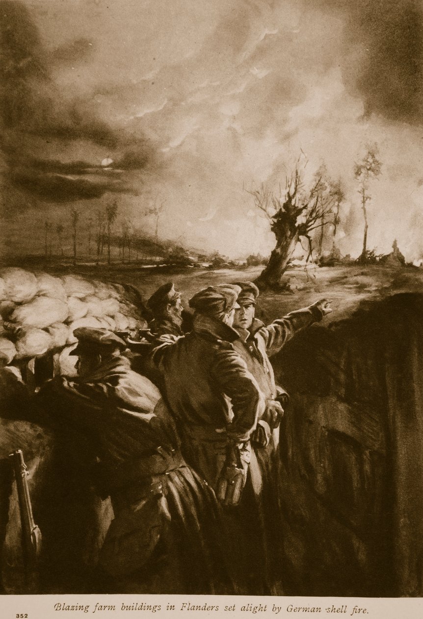 Hořící hospodářské budovy ve Flandrech zapálené německou střelbou, 1914-19 od English School