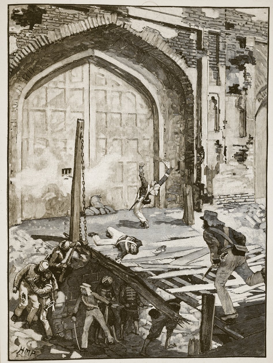 Vyhození Kašmírové brány v Dillí do povětří, ilustrace z Cassells Illustrated History of England (sépiová fotografie) od English School