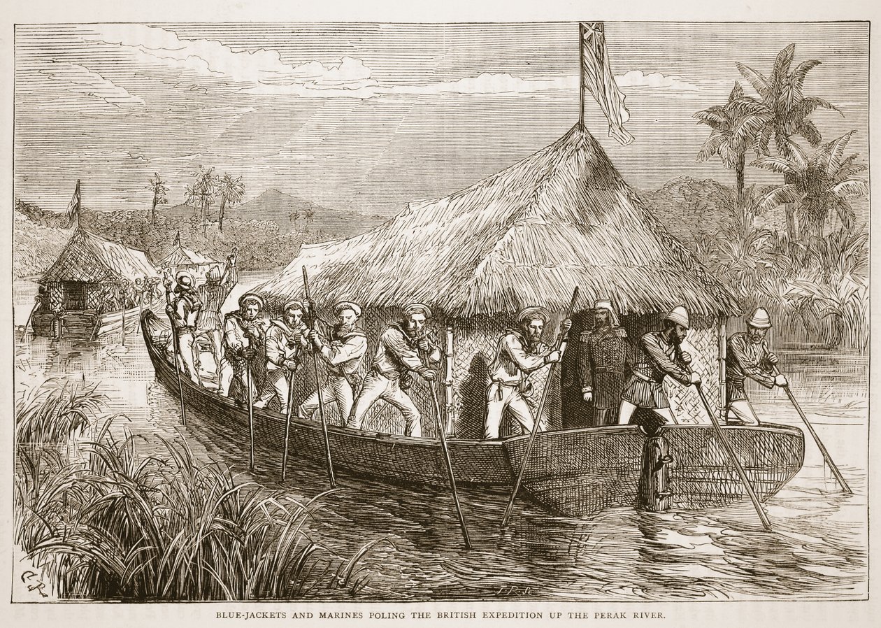 Modrokabátníci a námořní pěchota na britské výpravě po řece Perak, ilustrace z Cassells Illustrated History of England od English School