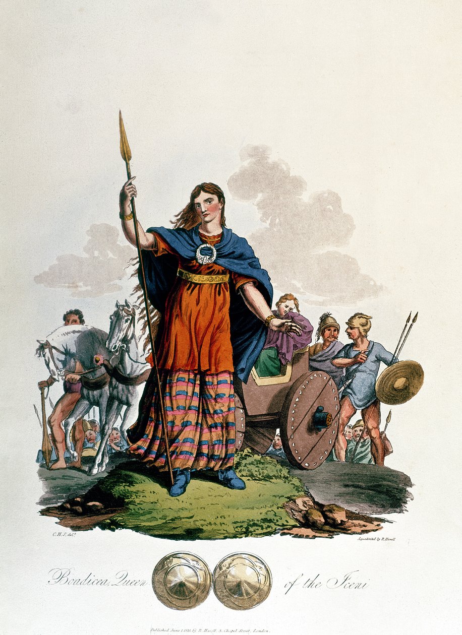 Boadicea, královna Iceni, navržený C.H.S., vyryto Richardem Havellem starším, vydáno 1815 (akvatinta) od English School