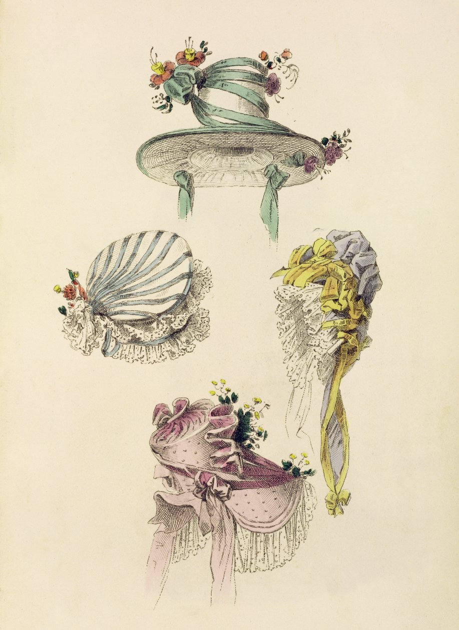 Čepice pro příležitost, módní talíř z Ackermanns Repository of Arts od English School