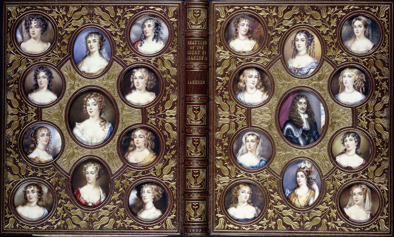 Obálka knihy s dvaadvaceti portrétními miniaturami Karla II. a krásných žen jeho dvora, 1833 od English School
