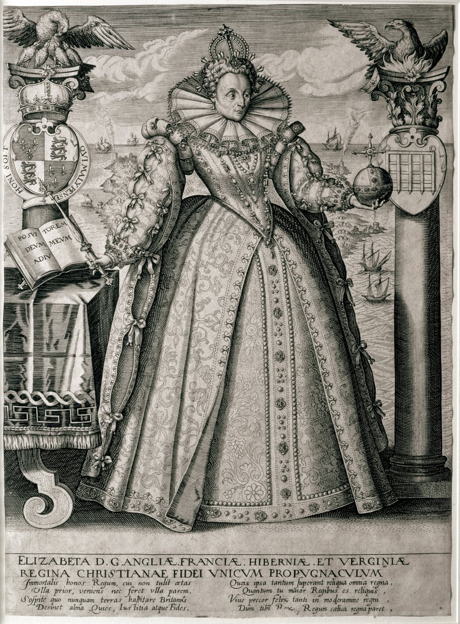 Knižní frontispis oslavující královnu Alžbětu je šťastná a prosperující vláda, 1596 od English School