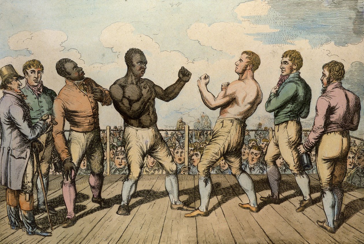 Boxerský zápas mezi Cribbem (1781–1848) a Molineauxem († 1818) v Thistleton Gap, Rutland, 1811 od English School