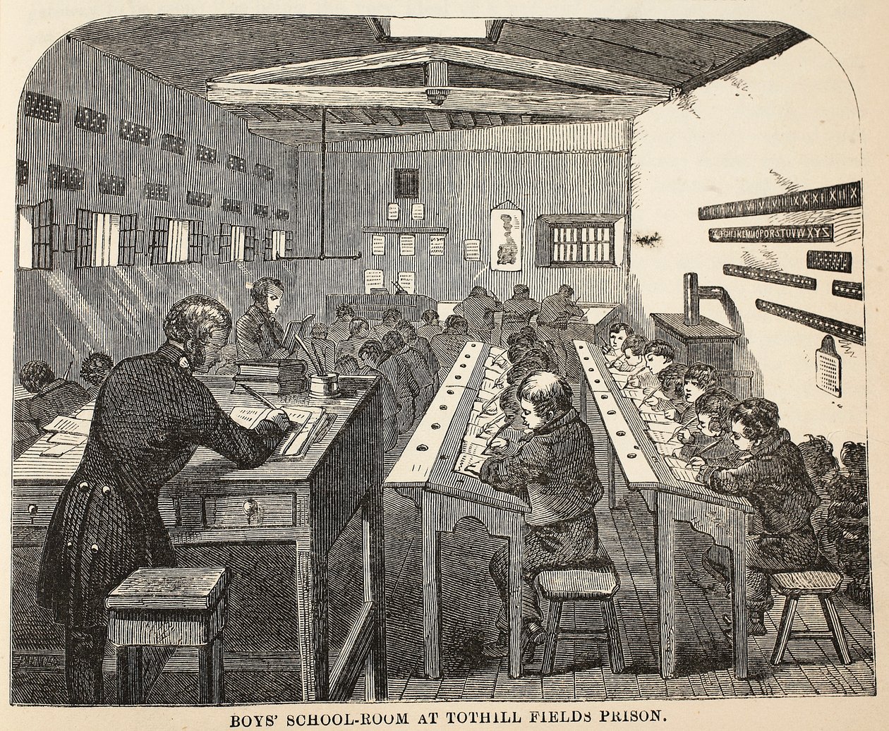 Chlapecká školní třída ve věznici Tothill Fields, ilustrace z knihy The Criminal Prisons of London and Scenes from Prison Life od Henryho Mayhewa a Johna Binnyho, vyd. 1862 od English School