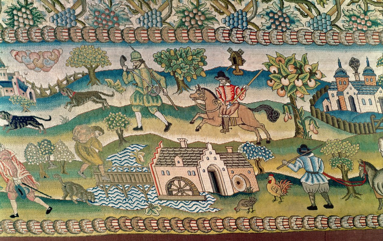 Bradford Table Carpet, detail scén venkovského života, konec 16. století od English School