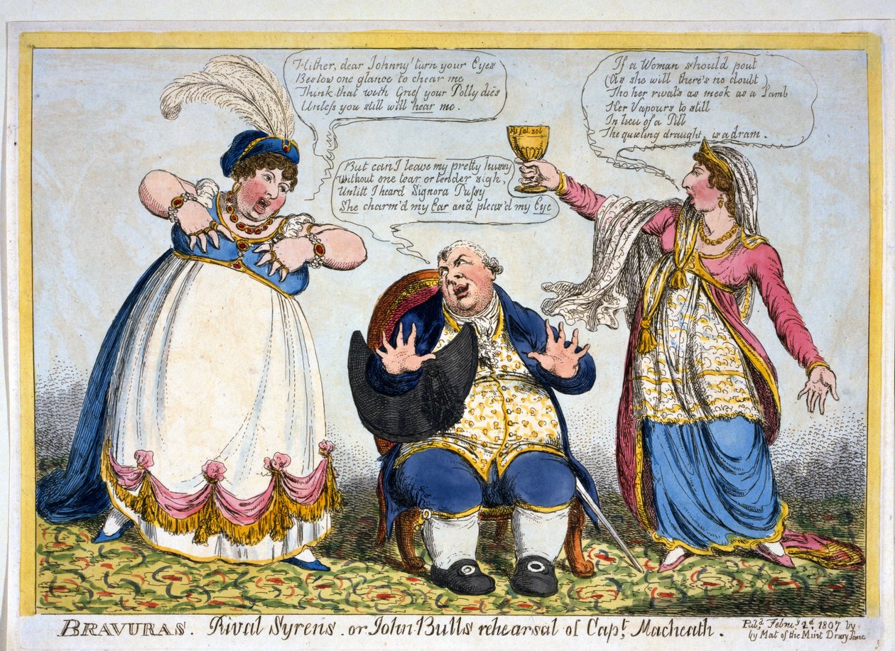 Bravura, Rival Syrens nebo John Bullova zkouška kapitána Macheatha, hospoda. 1807 (ručně kolorovaná rytina) od English School