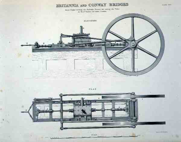 Britannia a Conway Bridges: Parní stroj pracující na hydraulických lisech pro zvedání trubek, pánové Easton a Amos z Londýna (litho) od English School
