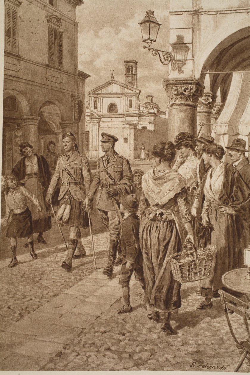 Přivítání britských horalů ve francouzském městě, 1914-19 od English School
