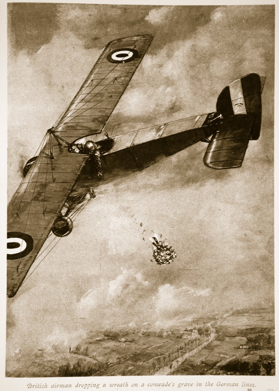 Britský letec kladoucí věnec na hrob kamaráda v německých liniích, 1914-19 od English School