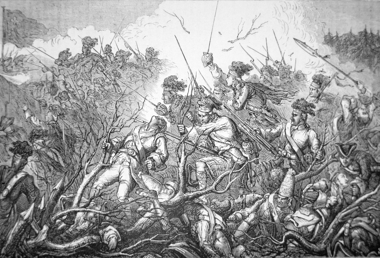 Britský útok na Fort Ticonderoga 8. července 1758 (rytina) od English School