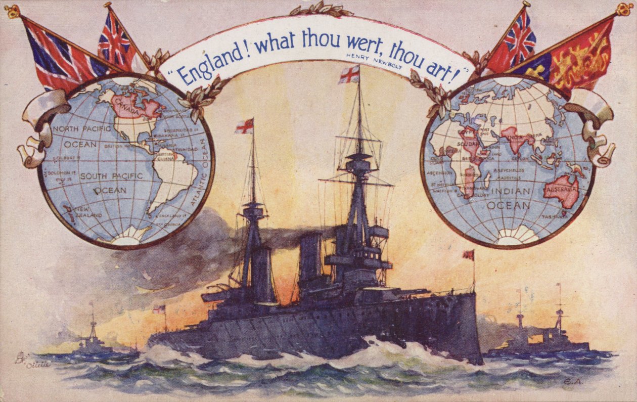 Britská bitevní loď s mapami a vlajkami britského impéria (barevná litografie) od English School
