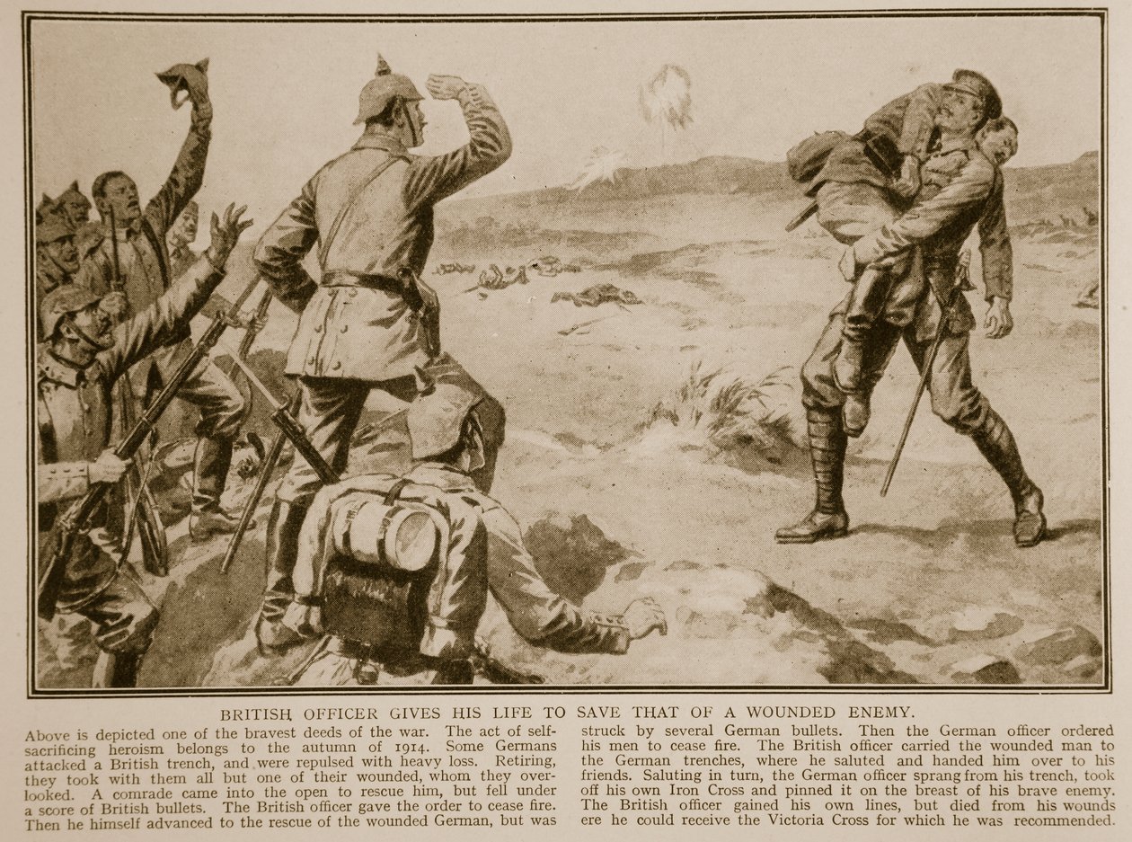 Britský důstojník obětuje svůj život, aby zachránil život zraněného nepřítele, 1914-19 od English School