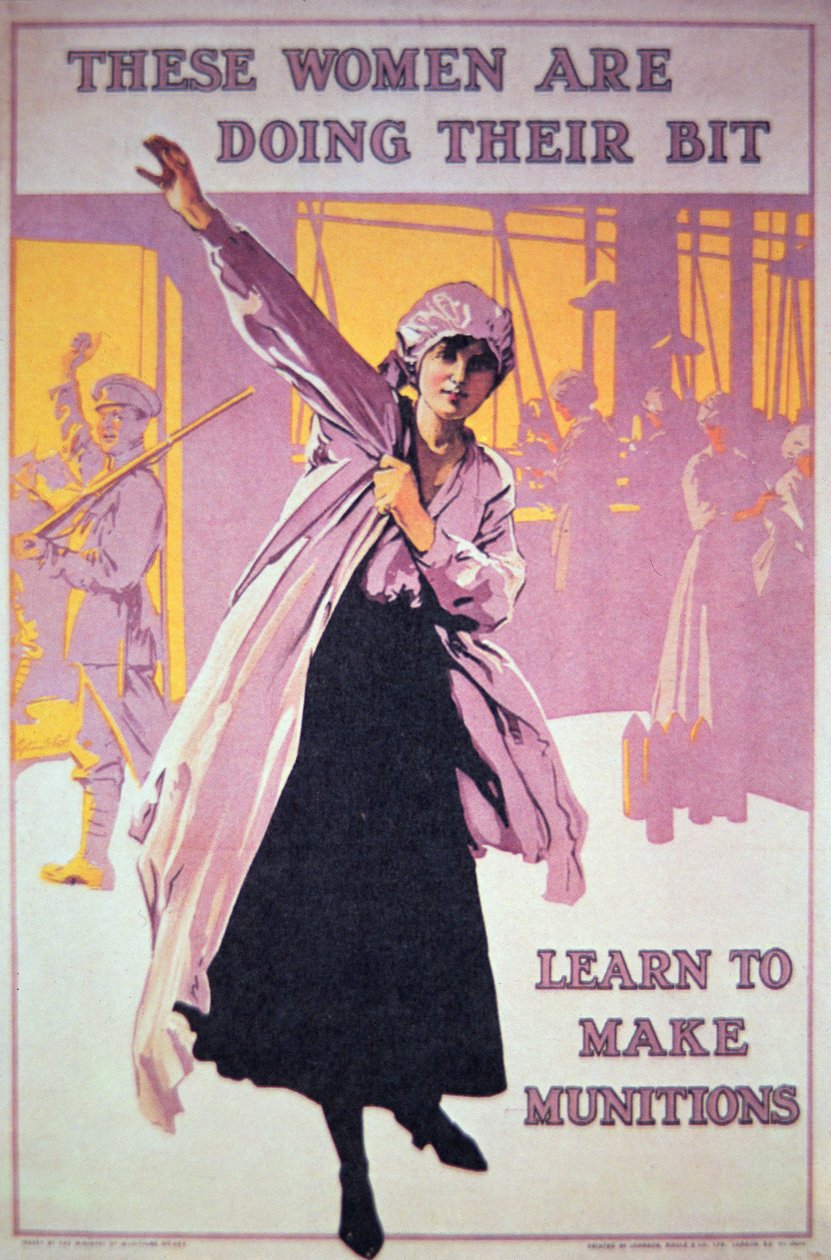 Britský plakát první světové války na podporu žen k práci v muničních továrnách, kolem 1914-18 (barevné lito) od English School